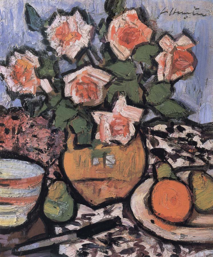 Still Life with Roses,Fruit and Knife